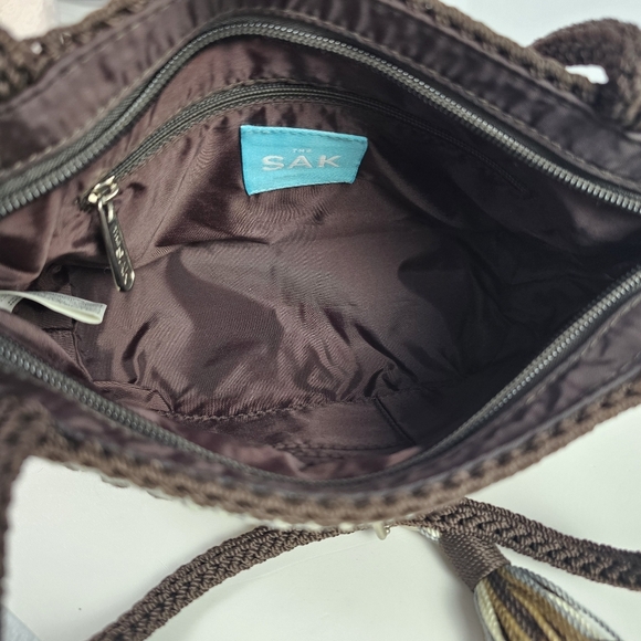 The Sak Crochet Shoulder Bag Brown Tan Gray Striped Tote Purse Tassel Boho - Picture 7 of 7